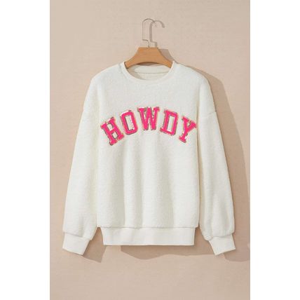 Beige Sherpa HOWDY Patched Pullover Sweatshirt
