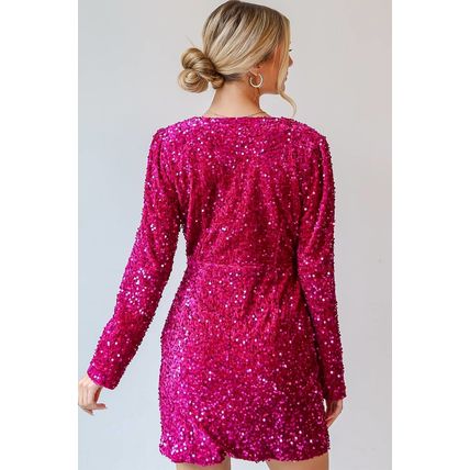 Pitaya Pink Velvet Sequin Long Sleeve V Neck Wrapped Mini Dress