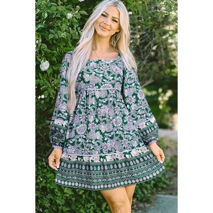 Green Floral Print Piping Trim Bubble Sleeve Square Neck Dress