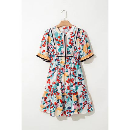 Green Floral Print Zipper Ruffled Short Sleeve High Waist Mini Dress