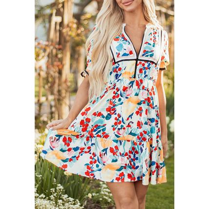 Green Floral Print Zipper Ruffled Short Sleeve High Waist Mini Dress