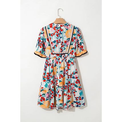 Green Floral Print Zipper Ruffled Short Sleeve High Waist Mini Dress
