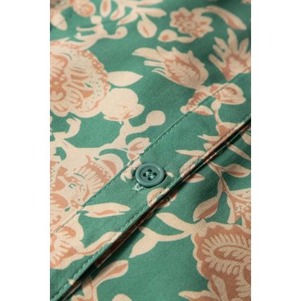 Green Floral Print Pleated Buttoned V Neck Short Sleeve Blouse