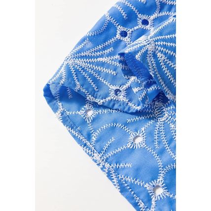 Sky Blue Eyelet Flower Embroidery Frilled Short Puff Sleeve Blouse