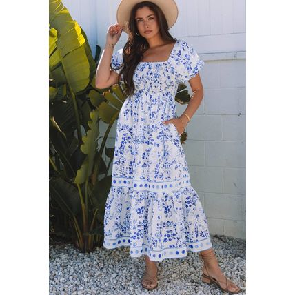 Sky Blue Floral Print Square Neck Bubble Sleeve High Waist Maxi Dress