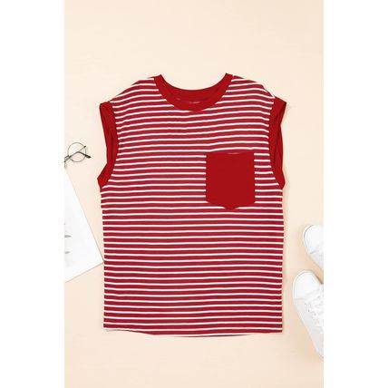 Red Stripe Chest Pocket Patch Round Neck Tank Top