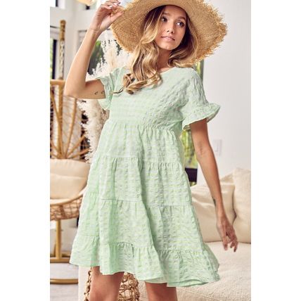 Green Stripe Textured Tiered Short Sleeve Loose Mini Dress