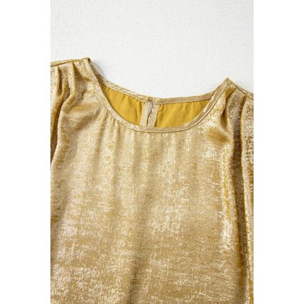 Gold Glossy Round Neck Pleated Detail Short Sleeve Blouse