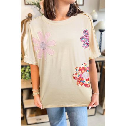 Apricot Flower Patched Exposed Stitching Trim Crew Neck Loose Tee