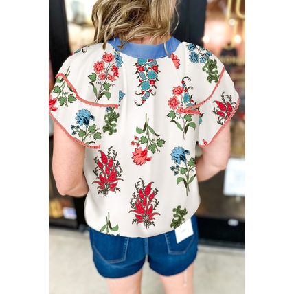 White Floral Print Contrast V Neck Tassel Tie Lace Detail Short Sleeve Blouse