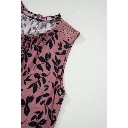 Brown Leaf Print Lace-up V Neck Crinckled Tank Top
