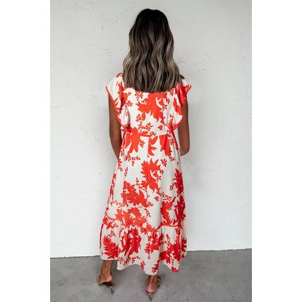 Red Floral Print Trimmed V Neck Ruffle Sleeve Long Dress