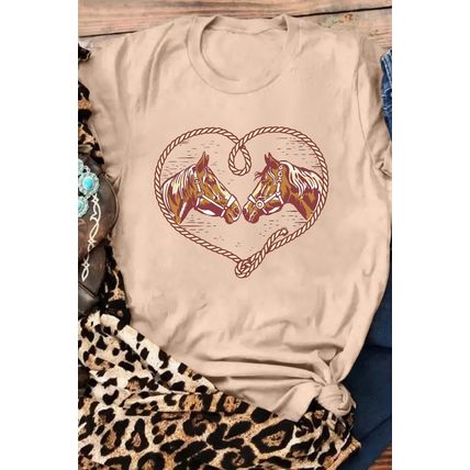 Khaki Rodeo Horse Graphic Western Cowgirl Fashion T Shirt
