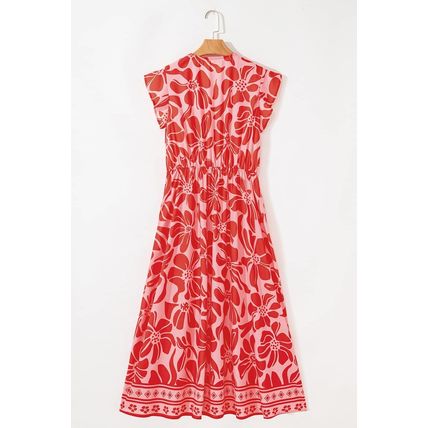 Red Boho Floral Short Sleeve V Neck Buttoned Shirred Waist Long Dress