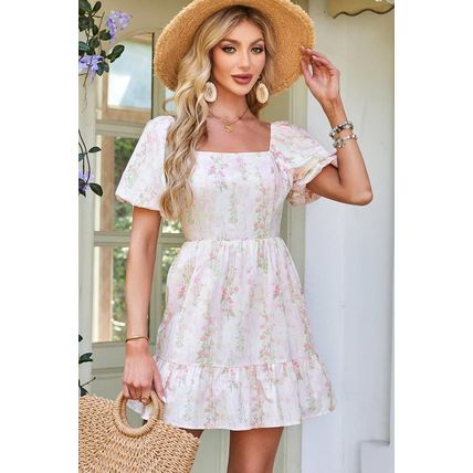 Pink Floral Puff Sleeve Square Neck Knotted Open Back Ruffled Mini Dress