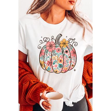 White Floral Pumpkin Print Cotton Blend T Shirt