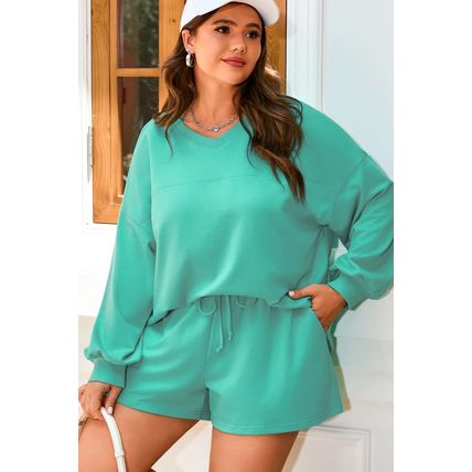 Sea Green Drop Shoulder V Neck Pullover Top and Drawstring Short Plus Size Set