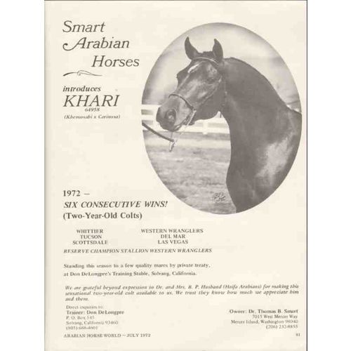 smart arabian horses 1972 khari khemosabi carinosa stud vintage ad