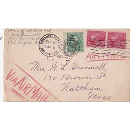 United States 1930 Los Angeles Arcade Station-Waltham MASS Cover written VGC