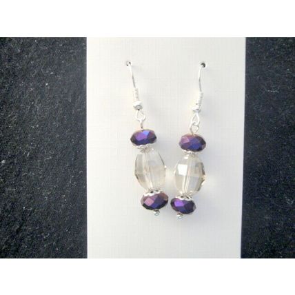 Beautiful clear crystal glass oblong & ep purple dangle sparkly earrings