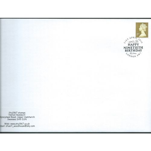 2016 1ST 'GOLD ' MACHIN- 'HAPPY NINETIETH BIRTHDAY, ' SW1' PMK (EBIDPACK3887)
