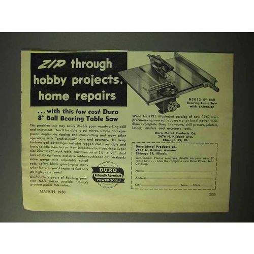 1950 Duro H3012 8" Ball Bearing Table Saw Tool Ad