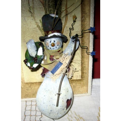 Painted Fabric Snowman, Tophat, Vest, Fringed Scarf, Wreath & Staff With Stars
