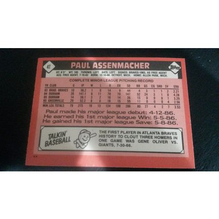1986 Topps Traded Card # 004T Paul Assenmacher Excellent (5) Atlanta Braves