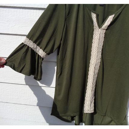 Womens Karen Brooks 2x Top Olive Lace Accent 48 Chest Boho Flare Sleeves