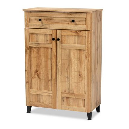 Modern Wood Tall Shoe Rack Storage Cabinet Brown Oak Slate Gray Shelves Door