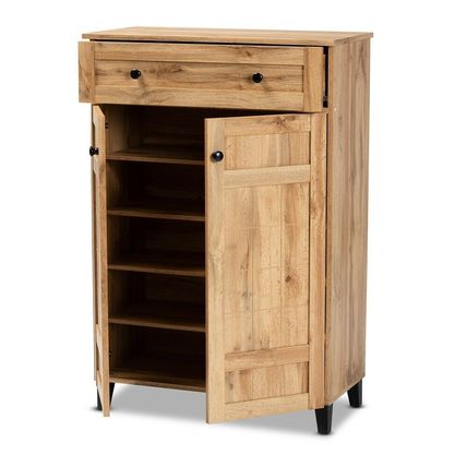 Modern Wood Tall Shoe Rack Storage Cabinet Brown Oak Slate Gray Shelves Door