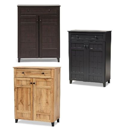 Modern Wood Tall Shoe Rack Storage Cabinet Brown Oak Slate Gray Shelves Door
