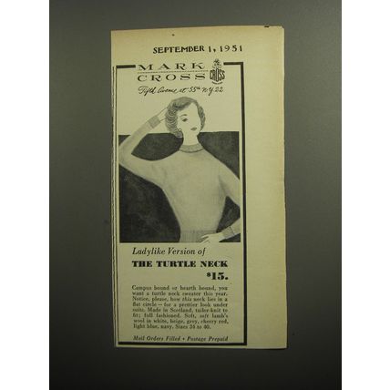 1951 Mark Cross Turtle Neck Ad - Ladylike version of the Turtle Neck