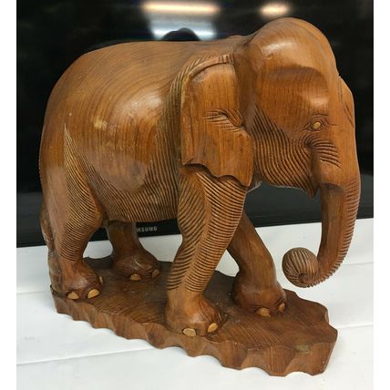 Hand Carved Elephant Solid Wood Sculpture 13.5'' x 14''h vintage wooden