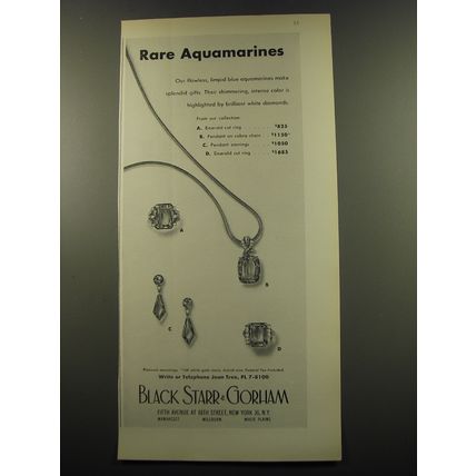 1959 Black Starr & Gorham Jewelry Advertisement - Rare aquamarines