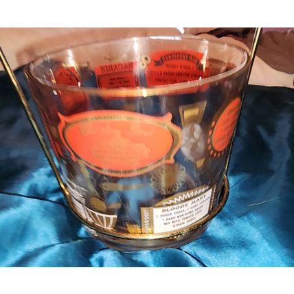 Vintage Bacardi Ice Bucket Drink Recipe Red/Gold W/Stand + Ice Tongs - Mad Men!