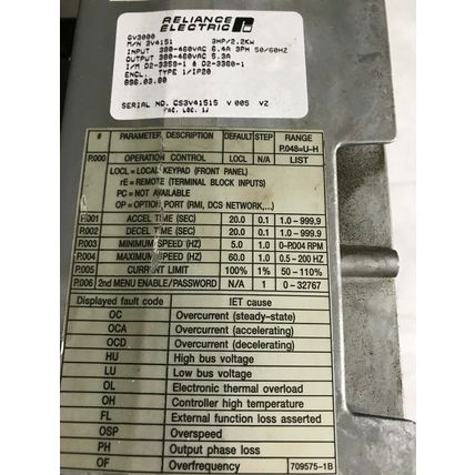 RELIANCE ELECTRIC 3V4151 GV3000/SE DRIVE 3hp 380/460v,GV3000 3HP/2.2KW,TF