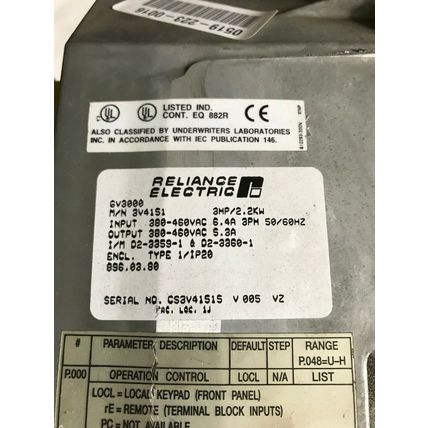 RELIANCE ELECTRIC 3V4151 GV3000/SE DRIVE 3hp 380/460v,GV3000 3HP/2.2KW,TF