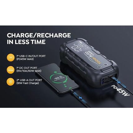 YABER 6000A Jump Starter 150W Car Battery Charger 600LM Flashlight 45w PowerBank