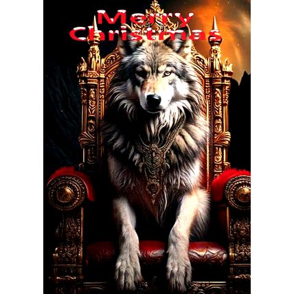WOLF ON A RED & GOLD THRONE CHRISTMAS CARD AS IT IS OR PERSONALISED & DECORATED