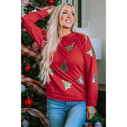 Fiery Red Sequined Christmas Tree Raglan Sleeve Sweatshirt