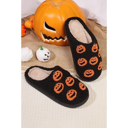 Black Halloween Pumpkin Plush Home Slippers