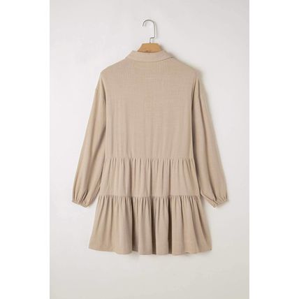 Tan Puff Sleeve Buttoned Tiered Pleated Shirt Mini Dress