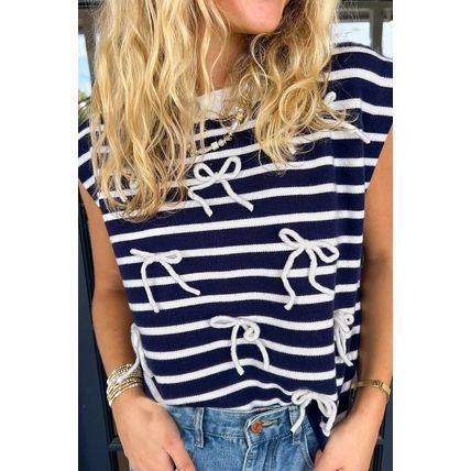 Blue Stripe Knitted Bow Decor Sweater Vest