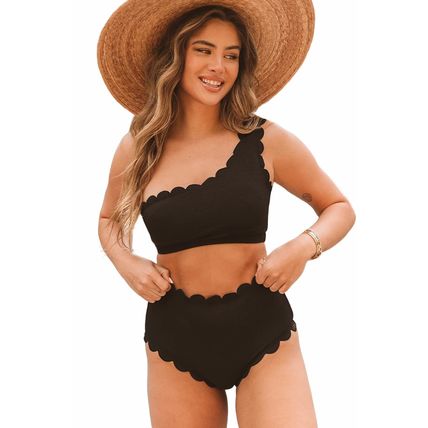 Black Solid Scalloped One-Shoulder Bikini