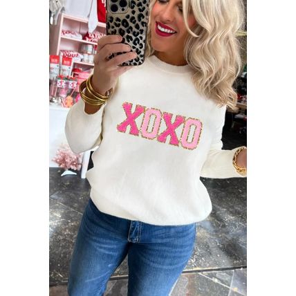 White XOXO Glitter Print Round Neck Casual Sweater