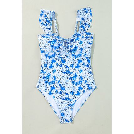 Blue Floral Ruffled Strap Lace-up Hollow Out One Piece Swimsuit