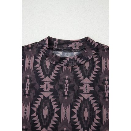 Brown Aztec Print Mock Neck Short Sleeve Mesh T Shirt