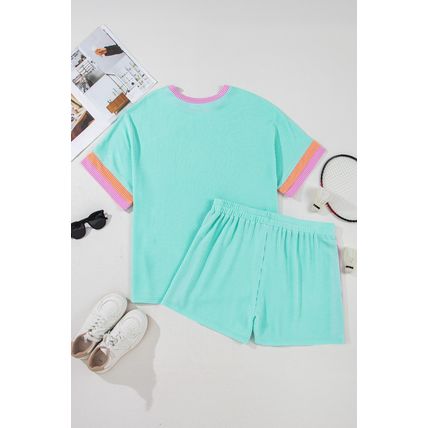 Light Blue Plus Size Color Block Corded Knit Tee and Shorts Set