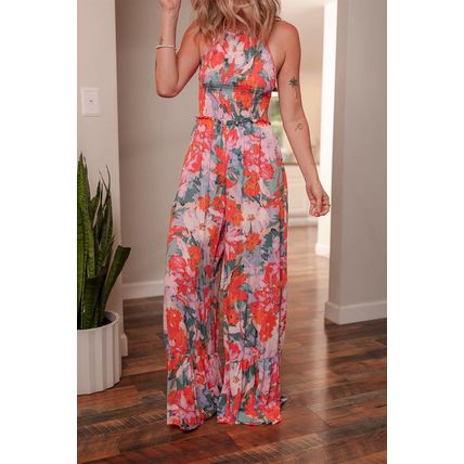 Multicolour Floral Print Smocked Halter Neck Sleeveless Wide Leg Jumpsuit